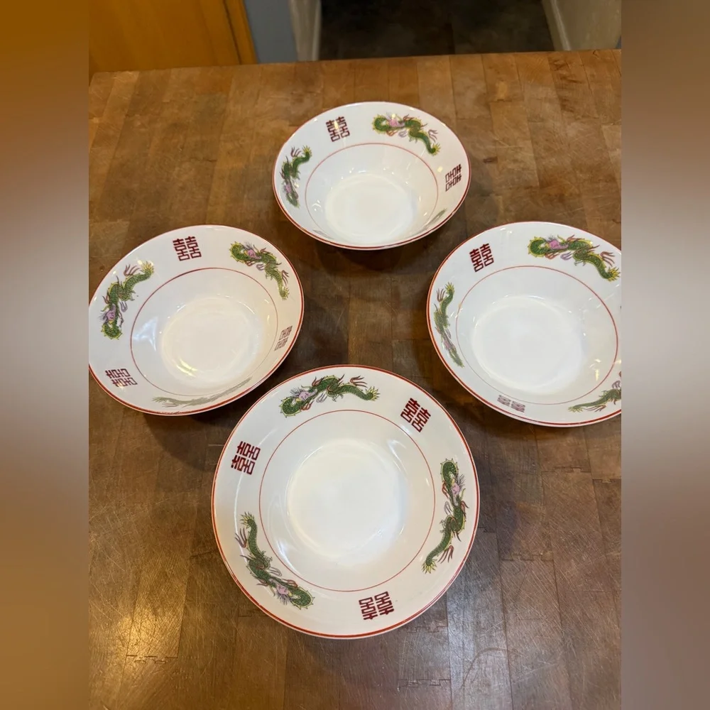 Vintage Chinese Ceramic Ramen Soup Bowls Hand Painted Dragon Dishes Japan